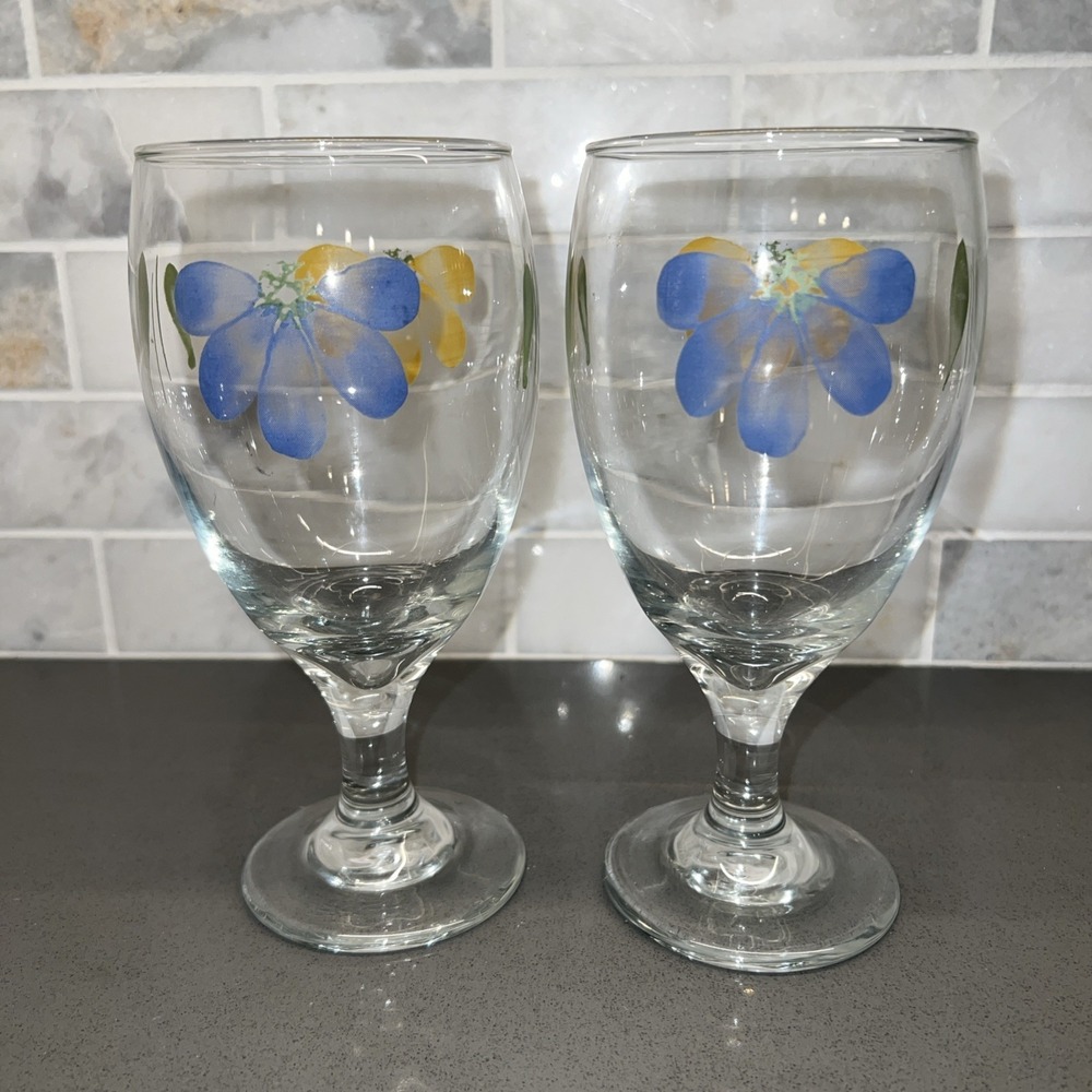 Set Of 2 Handpaint Italy Libbey La Primula Daisy Floral Yellow Blue Glass Goblet